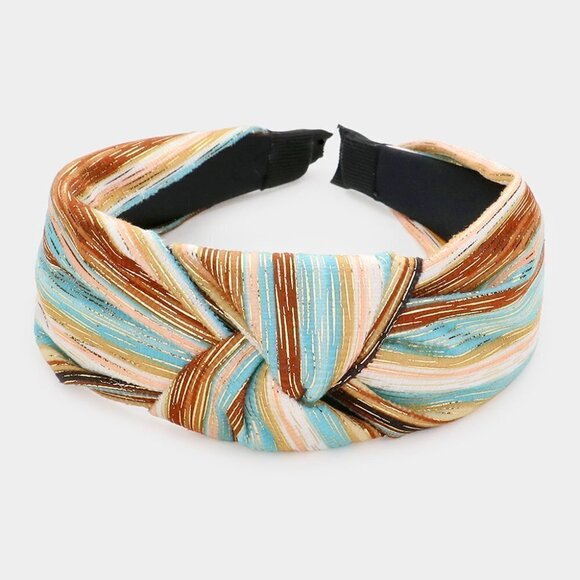 65. Blue Brown Sriped Metallic Knot Burnout Headband - Picture 1 of 2